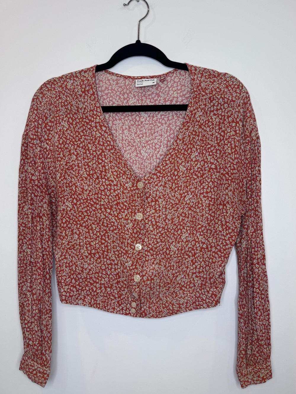 Frank and Oak burn orange Floral V-Neck Button Front Top sz medium